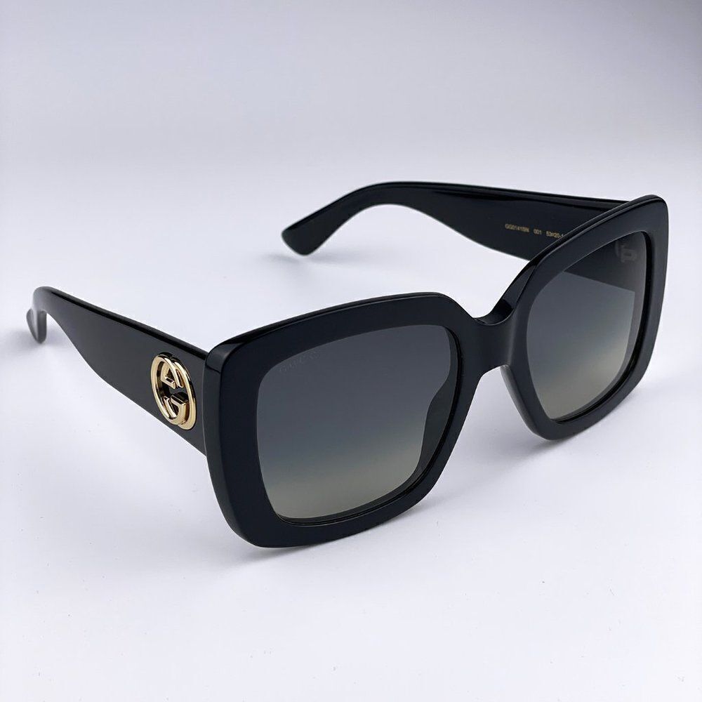 New GUCCI GG0141SN 001 Black Gold Logo Gray Gradient Square Women Sunglasses